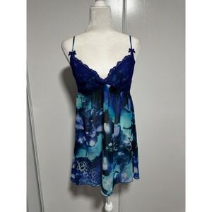 Linea Donatella Blue Floral Lace Babydoll Chemise Nightgown Lingerie Medium
